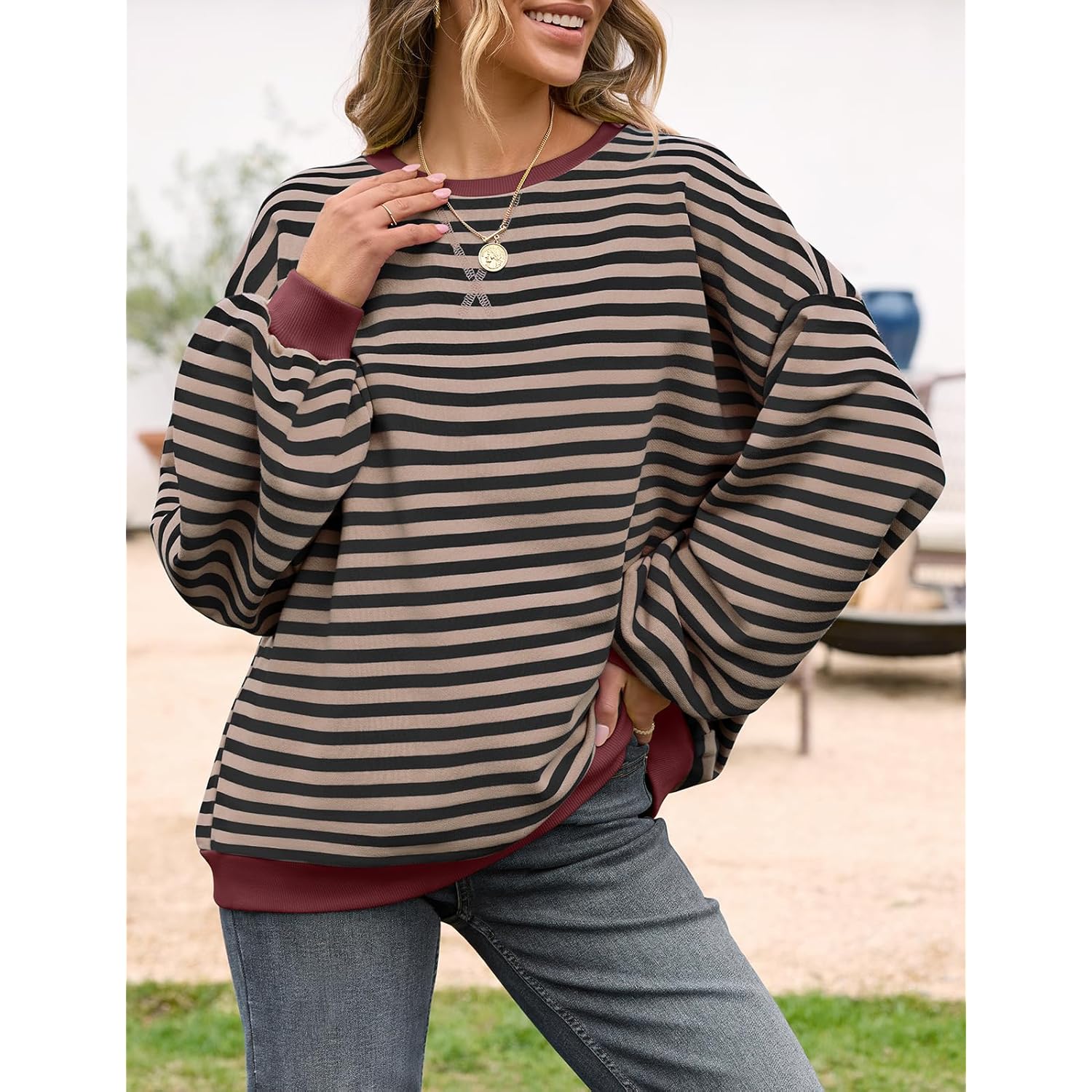UEU Dames oversized Striped Crewneck sweatshirt Long Sleeve - Image 2