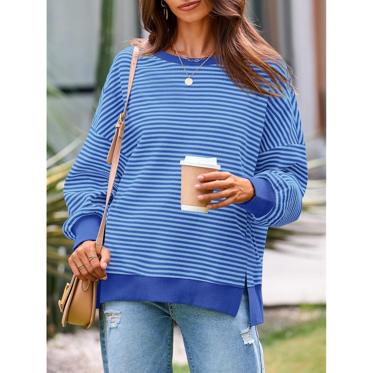 Fisoew Dames Fall oversized sweatshirt Casual Waffle Knit - Image 2