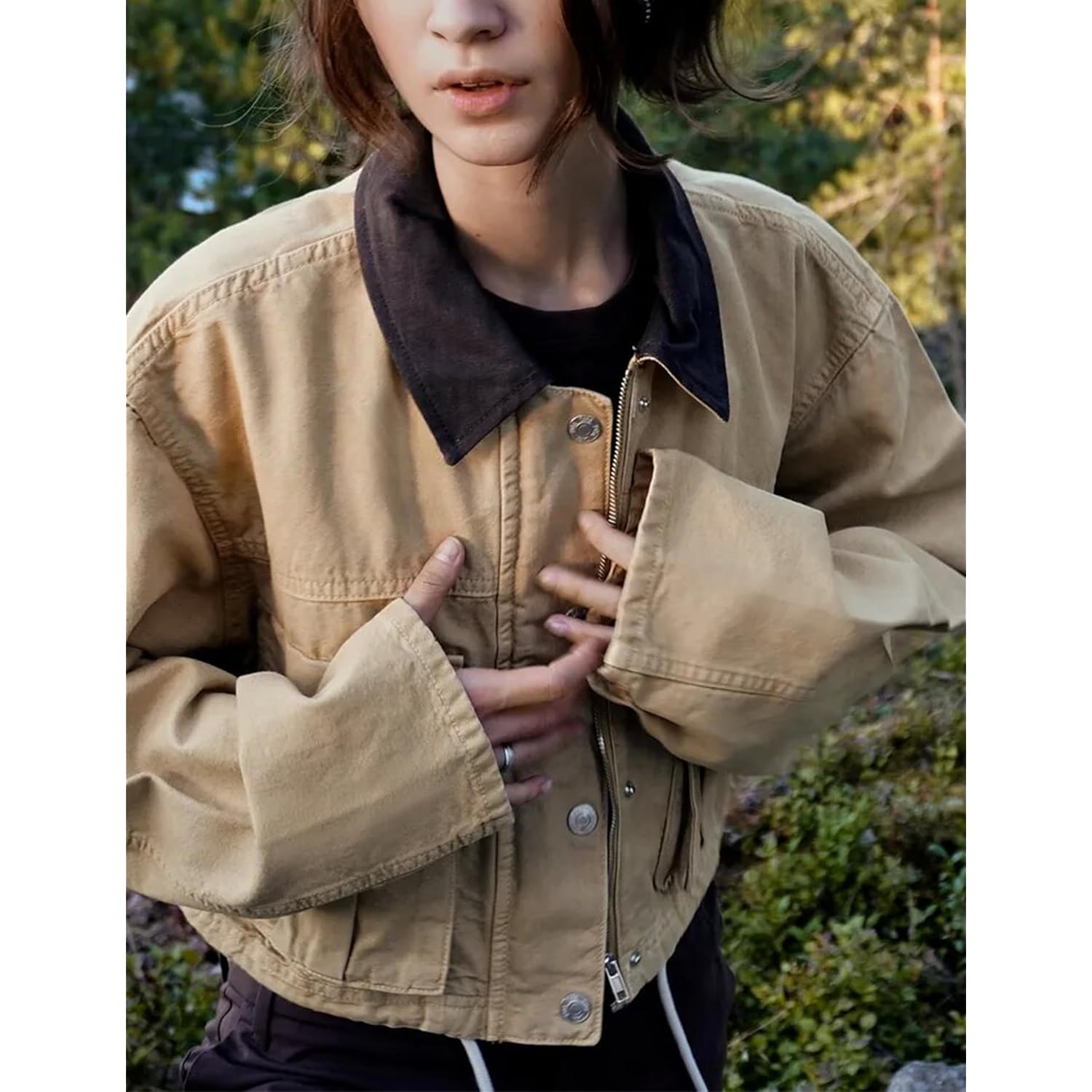 Dames Cropped jas Contrast Collar Utility mantel Cargo - Image 3