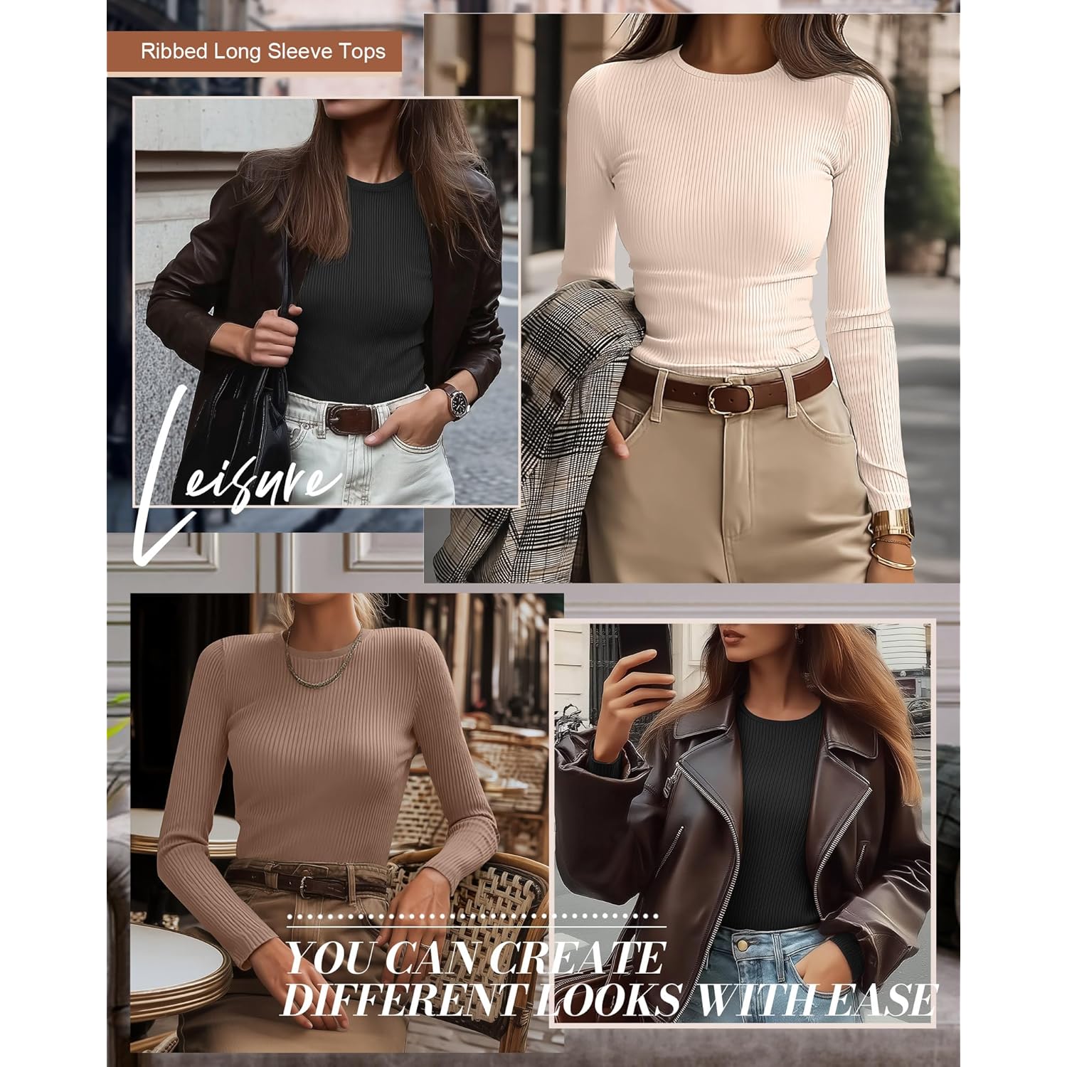 Ficerd 3 Pack Dames geribd lange mouw top, - Image 6