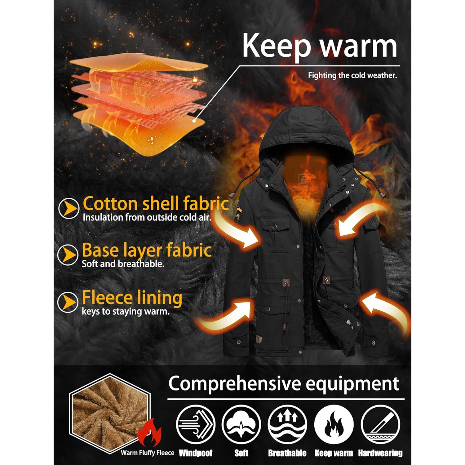 TACVASEN Heren Winter jas Cotton Military jassen Fleece - Image 3