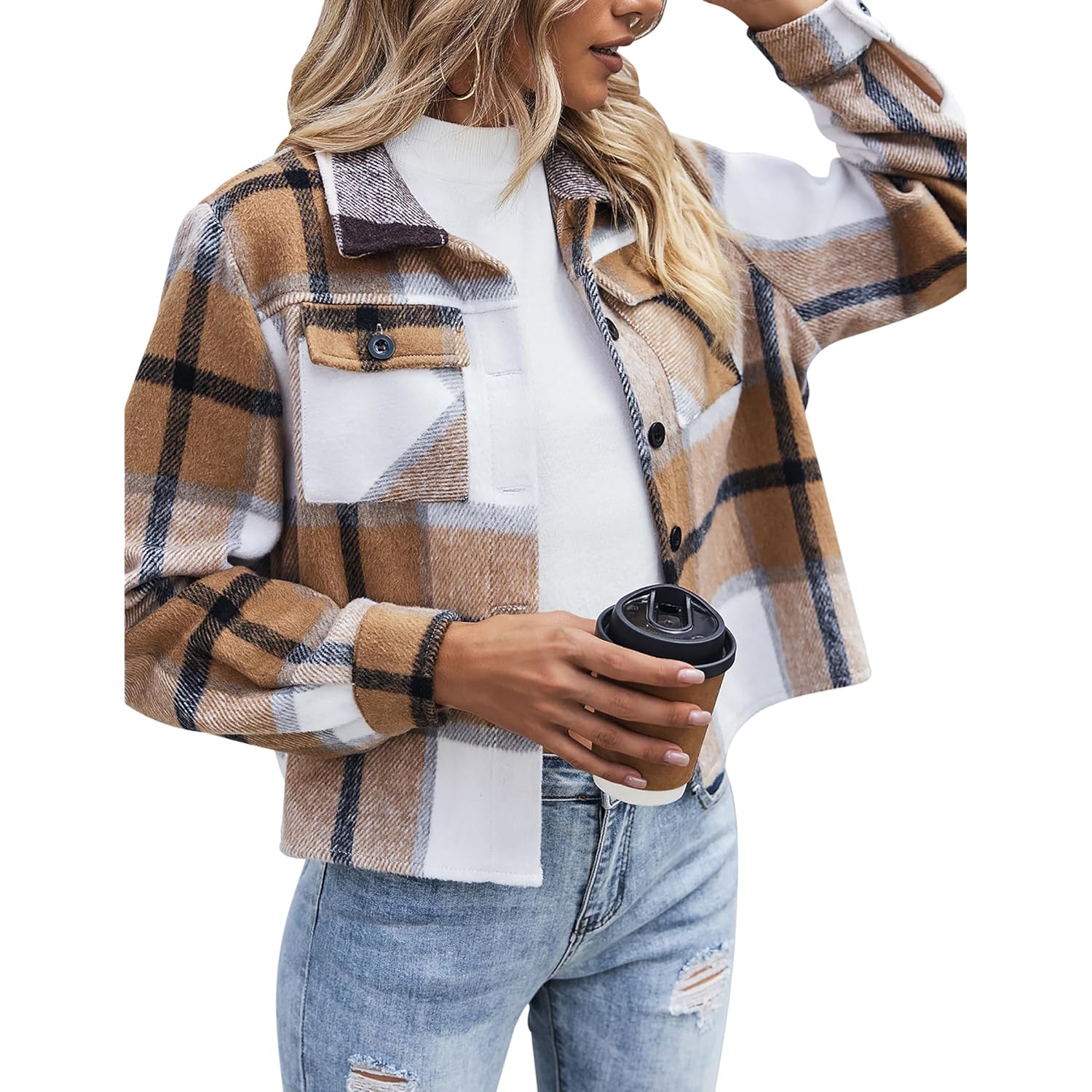 Zeagoo Flannels for Dames Cropped Shacket jas Fashion