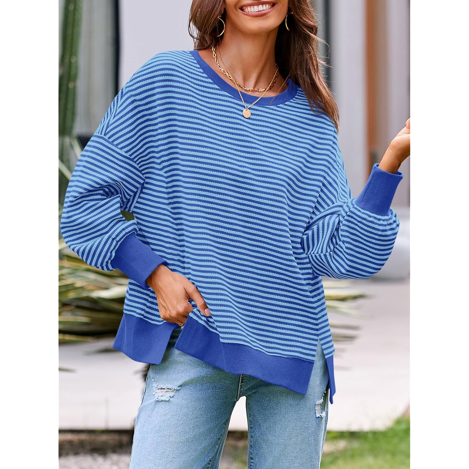 Fisoew Dames Fall oversized sweatshirt Casual Waffle Knit - Image 5