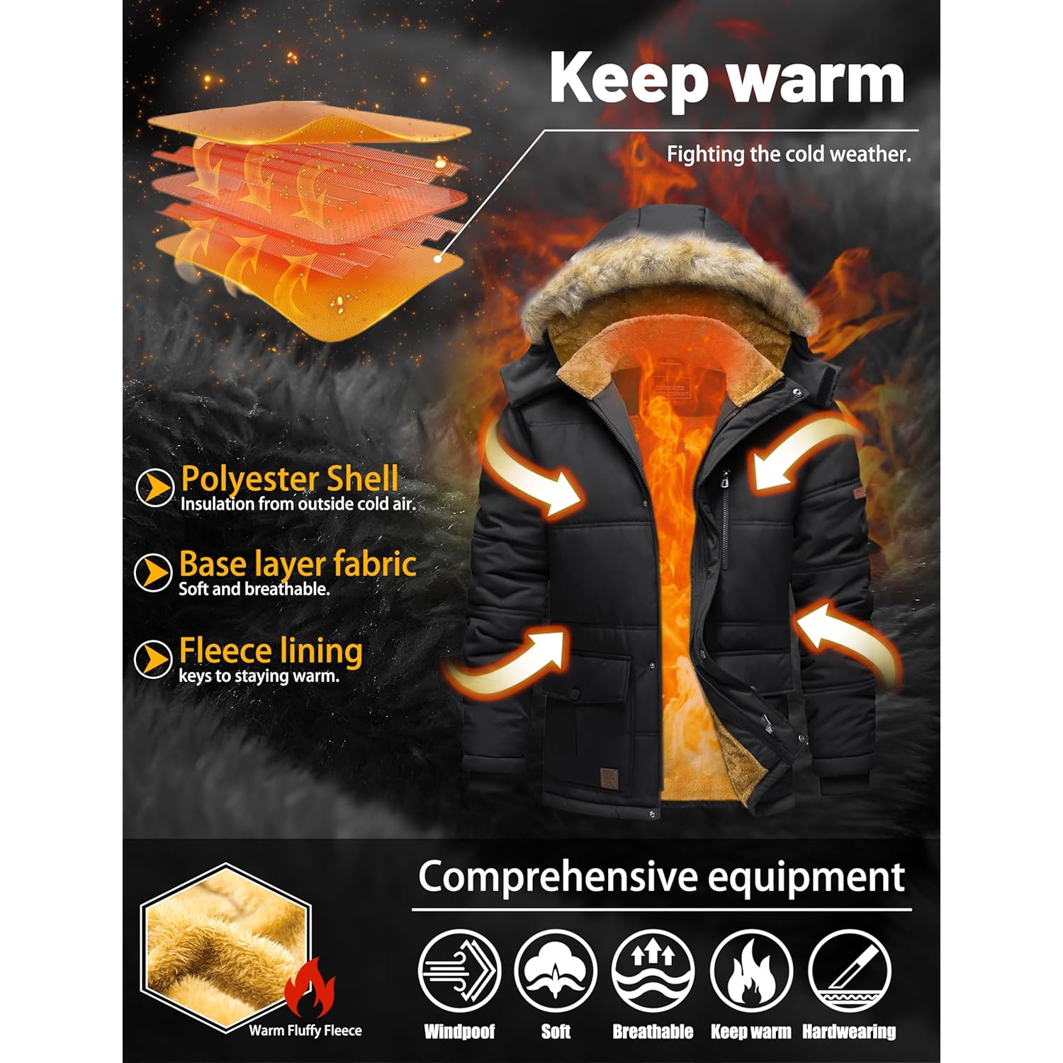 TACVASEN Heren Winter jas with capuchon Water Repellent - Image 3