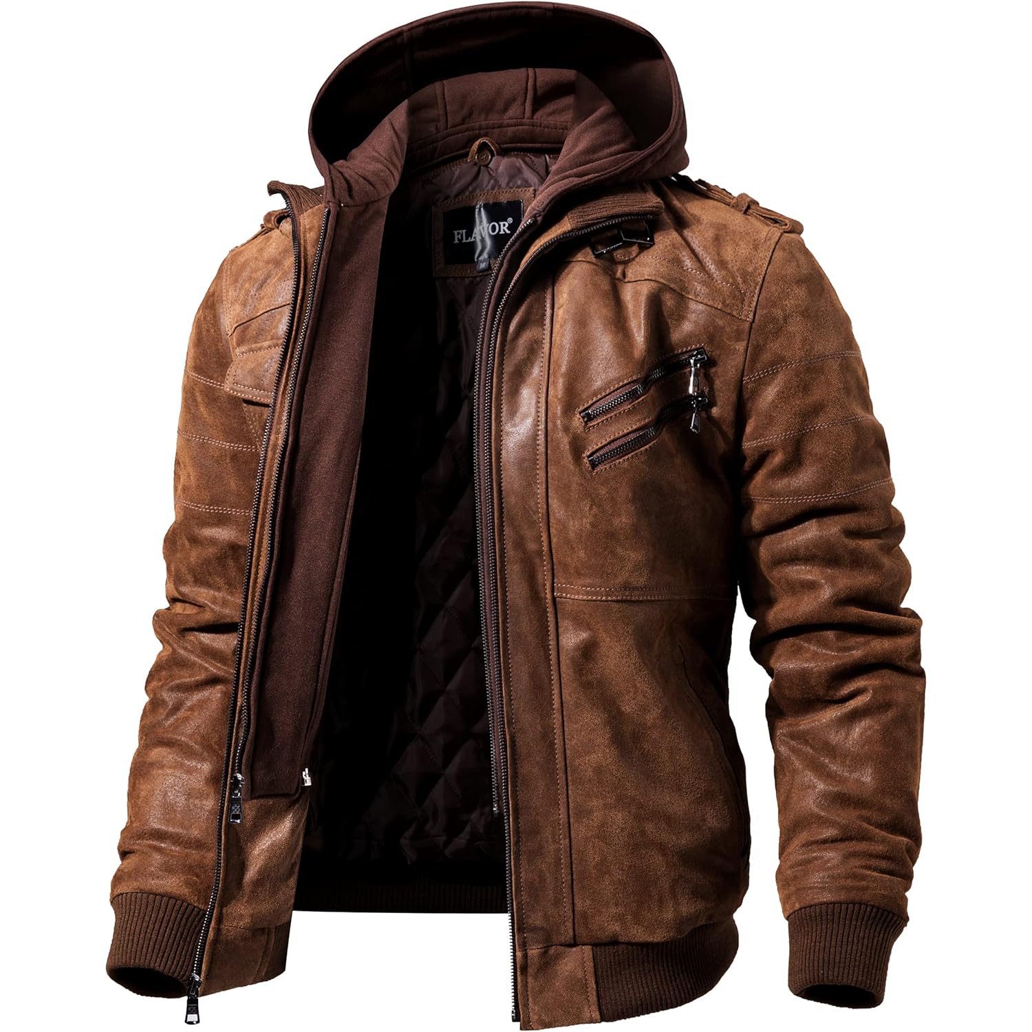 FLAVOR Heren bruin Leather Motorcycle jas with Removable