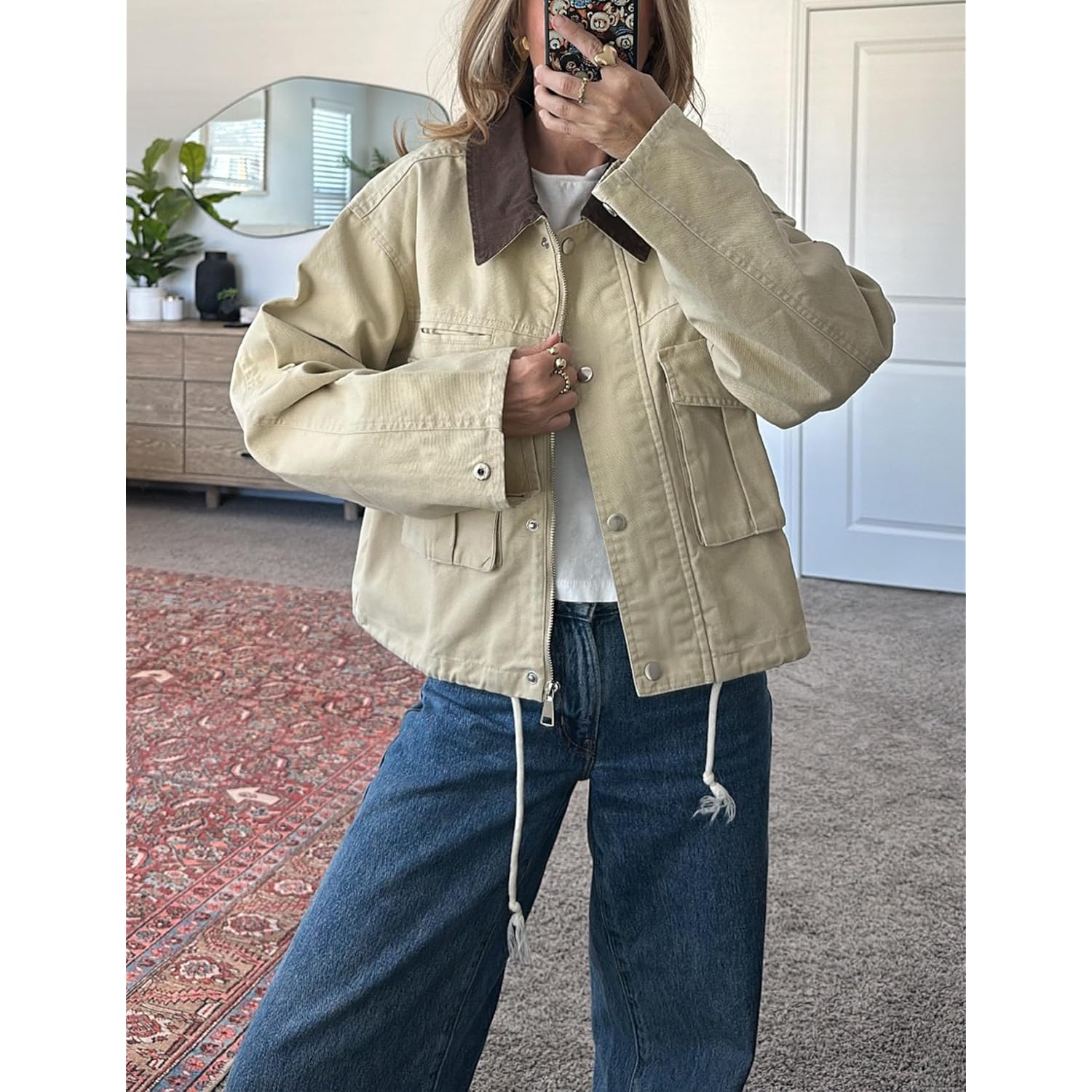 Dames Cropped jas Contrast Collar Utility mantel Cargo - Image 4