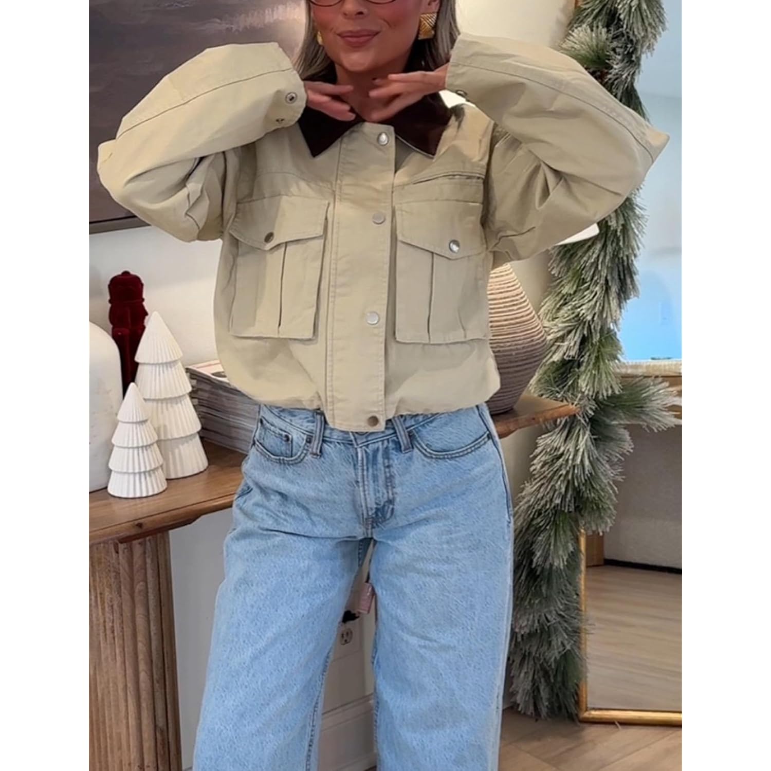 Dames Cropped jas Contrast Collar Utility mantel Cargo - Image 5