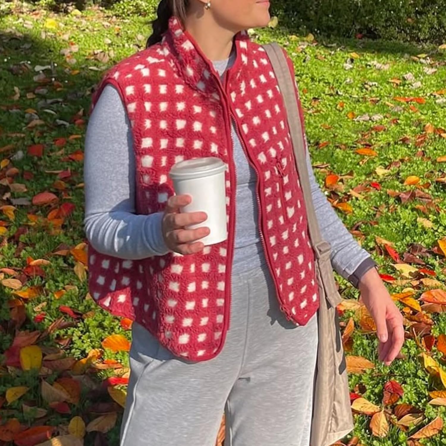 Dames Checkered Sherpa bodywarmer Sleeveless Winter fleece jas - Image 5