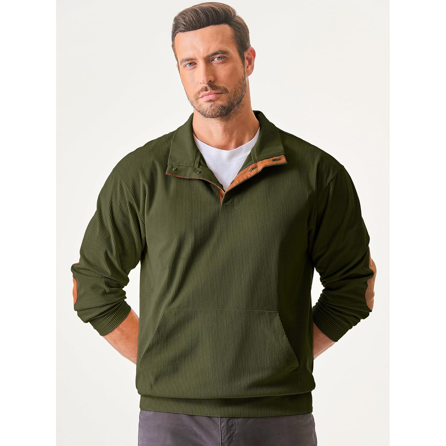 Heren hoodie Warm Corduroy sweatshirt Casual Stand Collar Quarter Fall Metal Button - Image 7