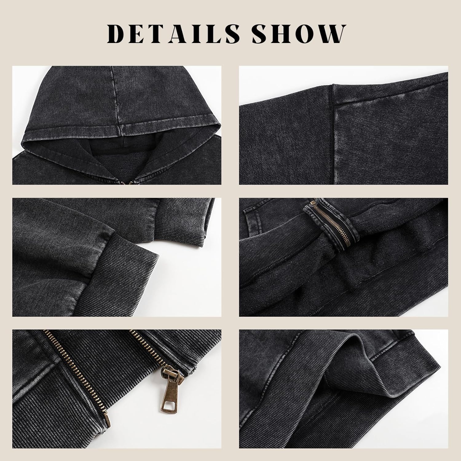 Heren zip Acid Wash Hoodie Vintage oversized Casual Fall Jacket Cotton Hooded - Image 6