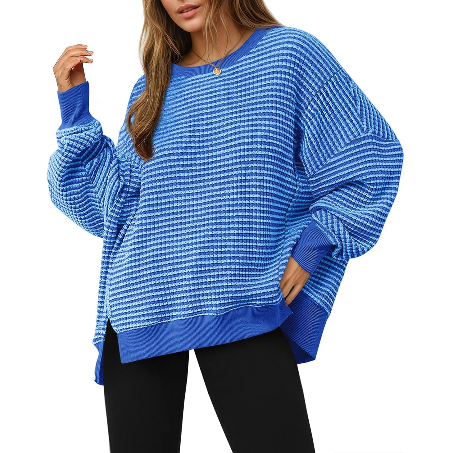 Fisoew Dames Fall oversized sweatshirt Casual Waffle Knit