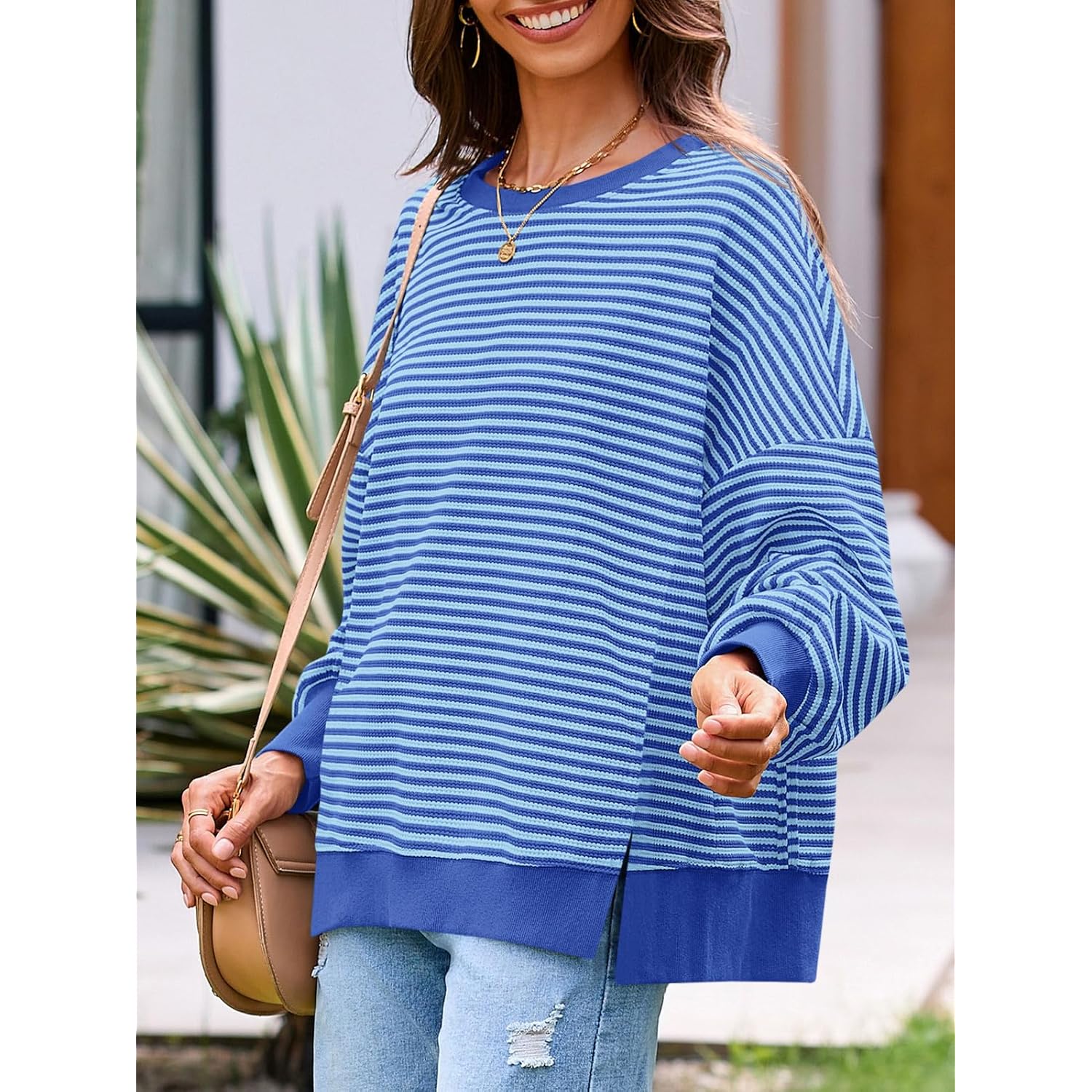 Fisoew Dames Fall oversized sweatshirt Casual Waffle Knit - Image 3