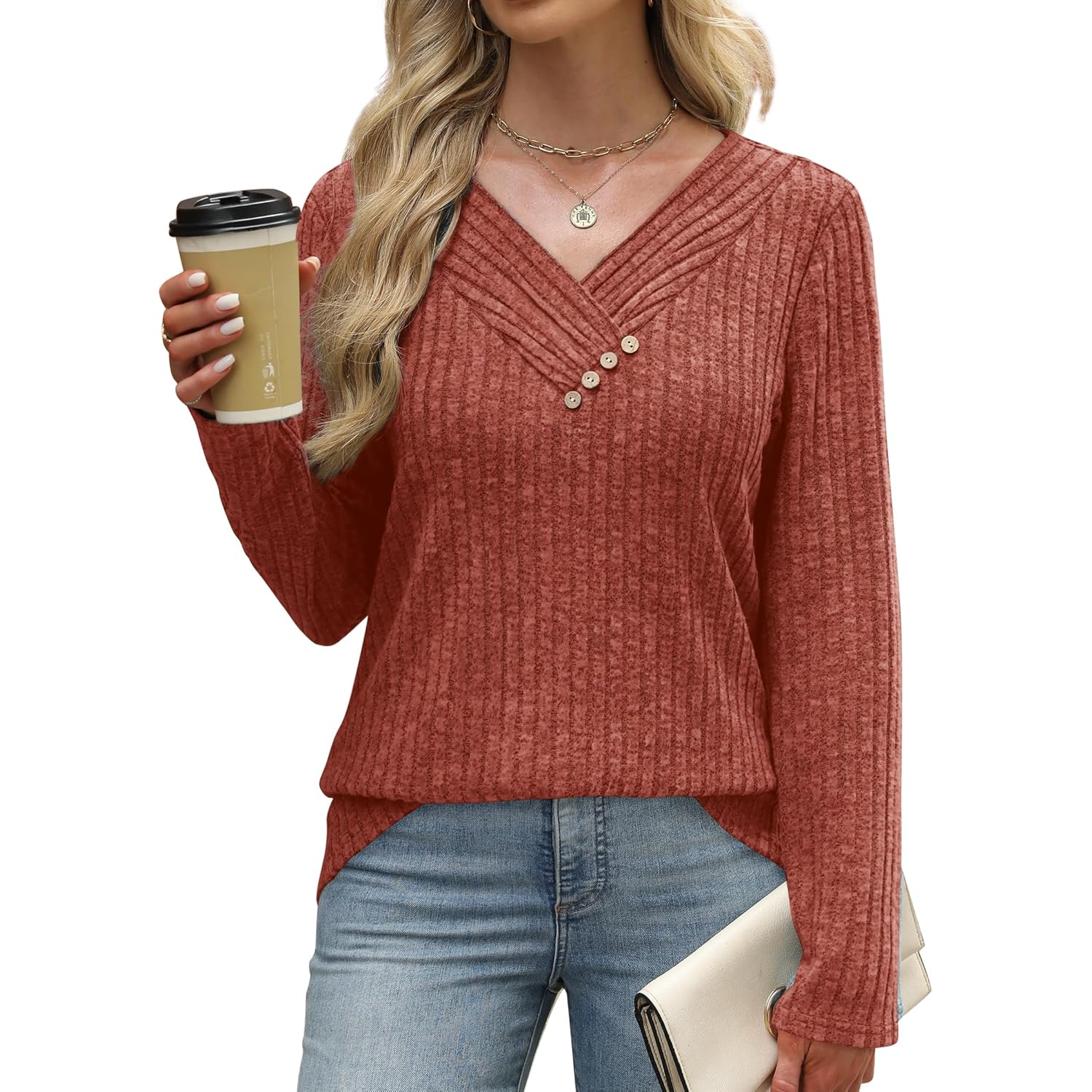 SAMPEEL Sweaters for Dames lange mouw shirt V - Image 3