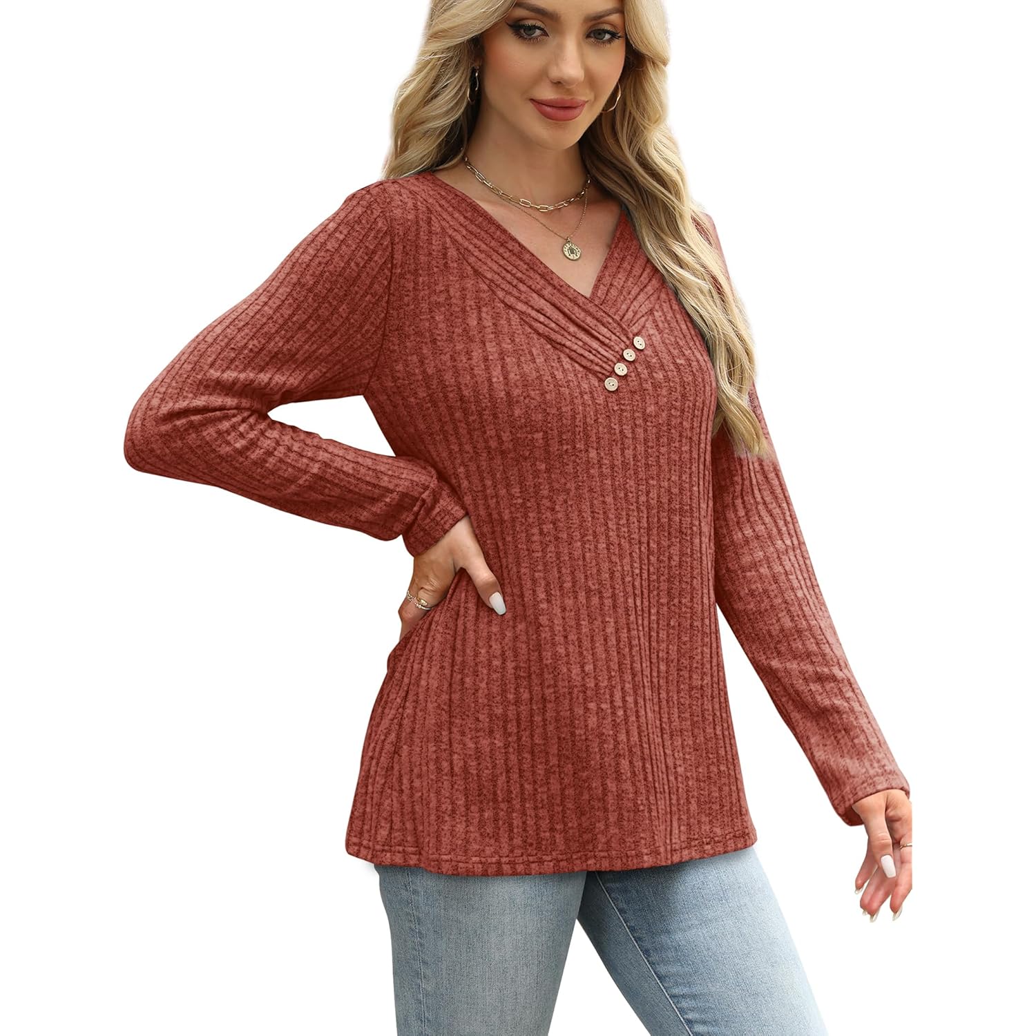 SAMPEEL Sweaters for Dames lange mouw shirt V - Image 4