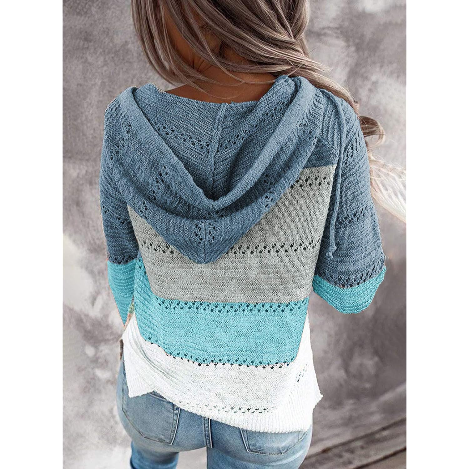 BLENCOT Dames Color Block capuchon Crochet Striped Sweaters - Image 2