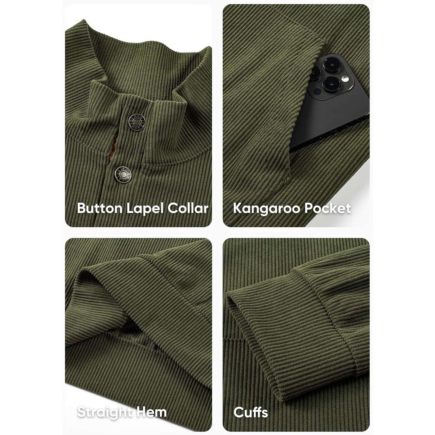 Heren hoodie Warm Corduroy sweatshirt Casual Stand Collar Quarter Fall Metal Button - Image 6