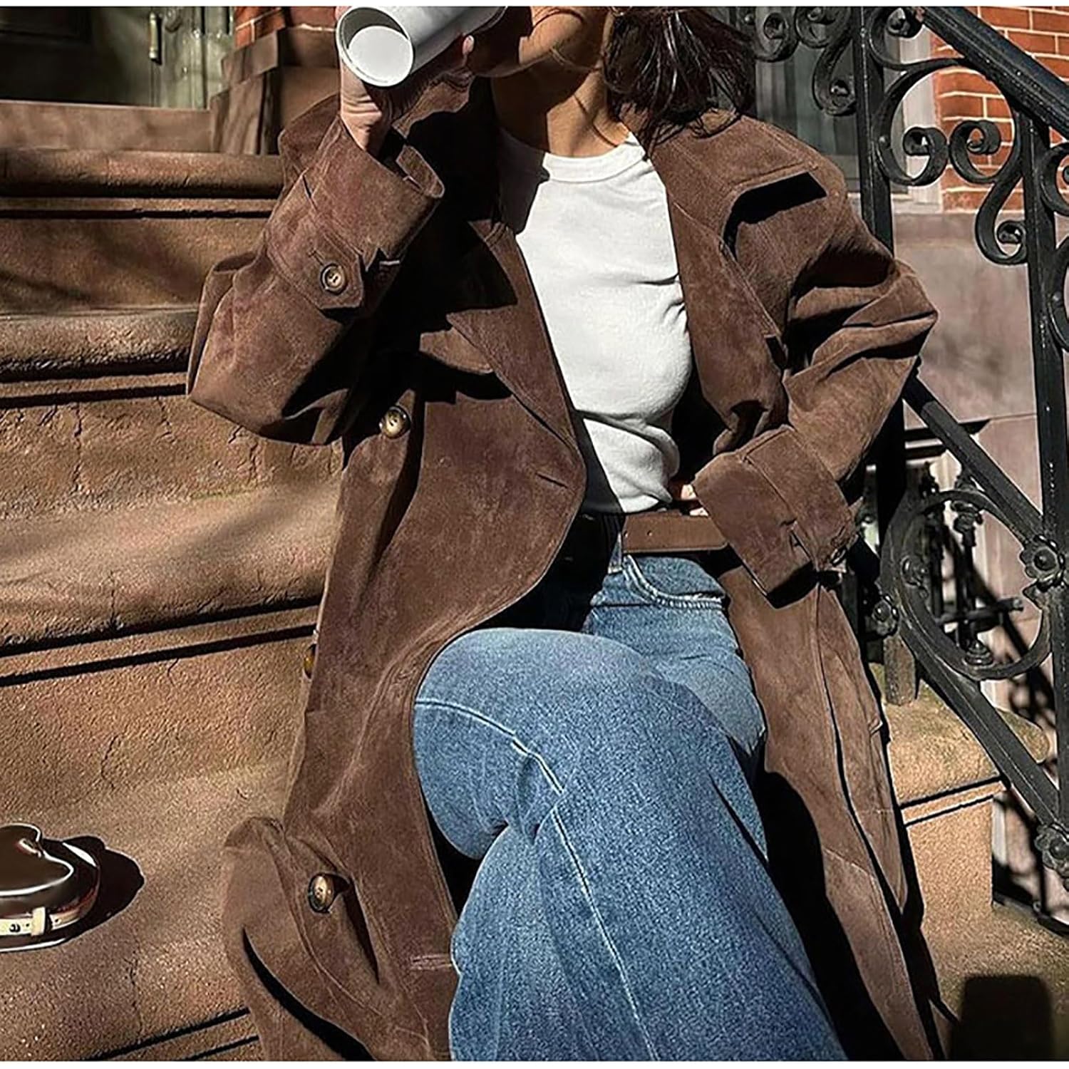 Utcoco Dames Faux Suede lang trenchcoat mantel Notched - Image 5