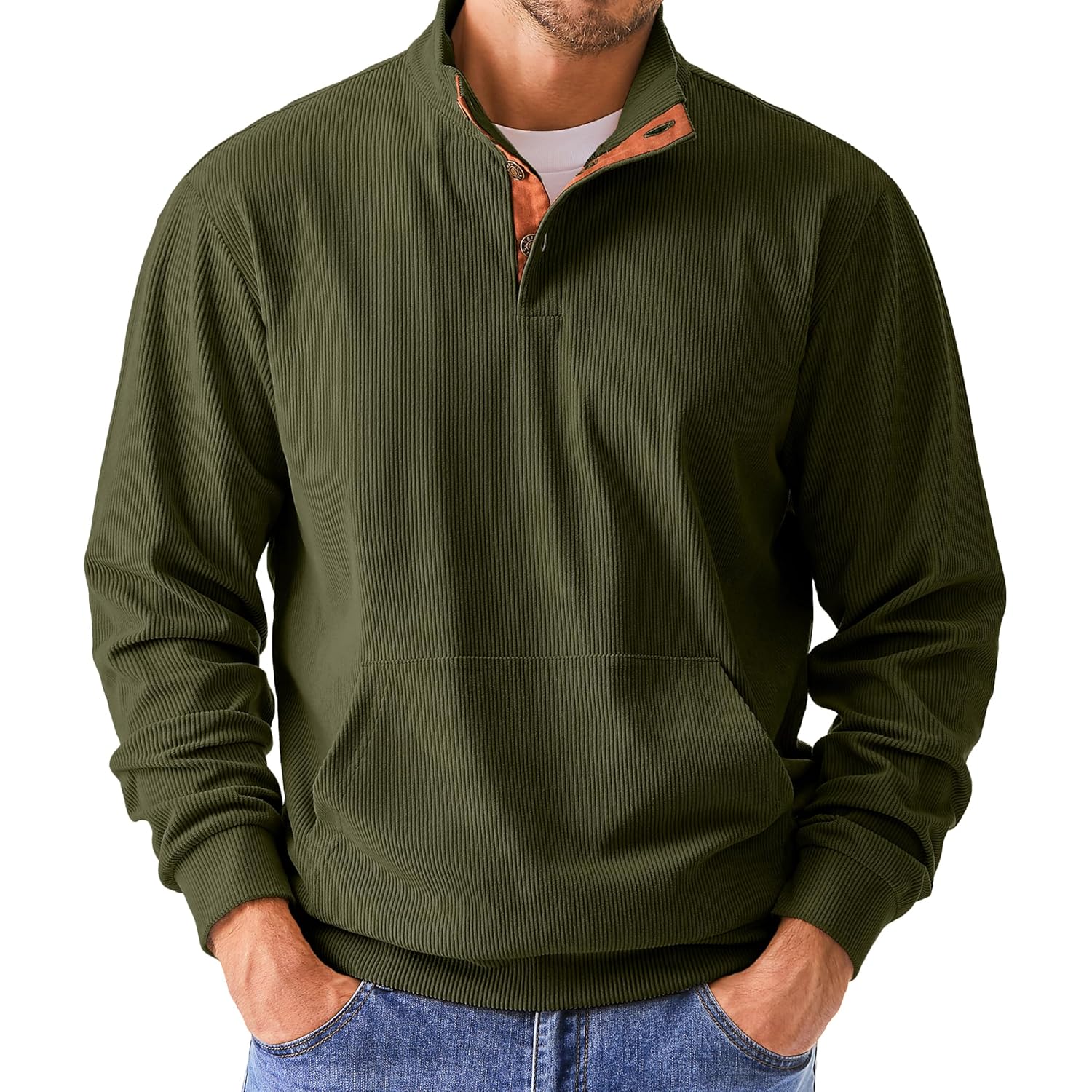 Heren hoodie Warm Corduroy sweatshirt Casual Stand Collar Quarter Fall Metal Button - Image 3